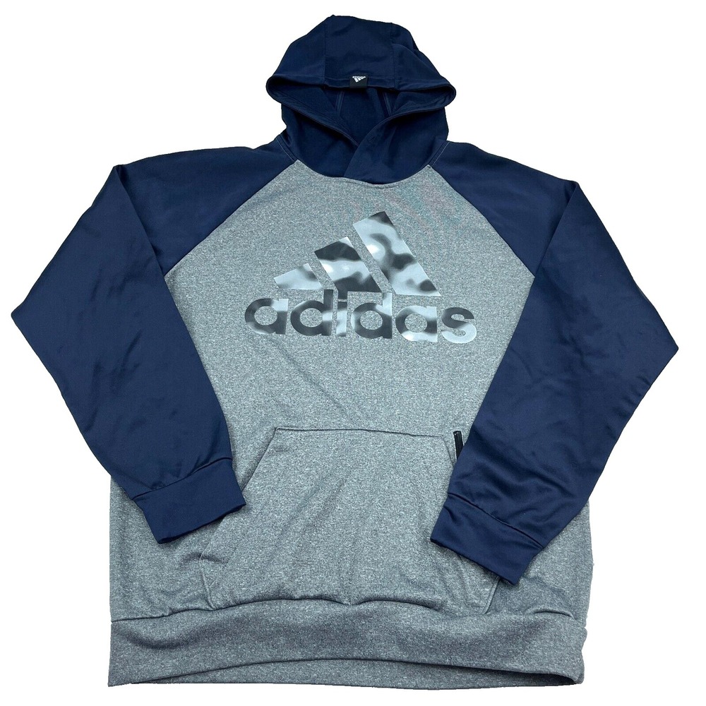 Adidas Hoodie Men Medium Gray Blue Performance Training Sweatshirt Raglan Adult